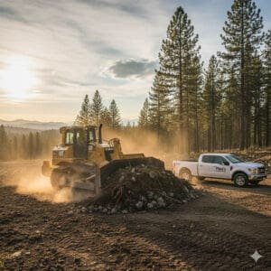 Pina's Excavating bulldozer performing land clearing and grading services in Grass Valley, CA.